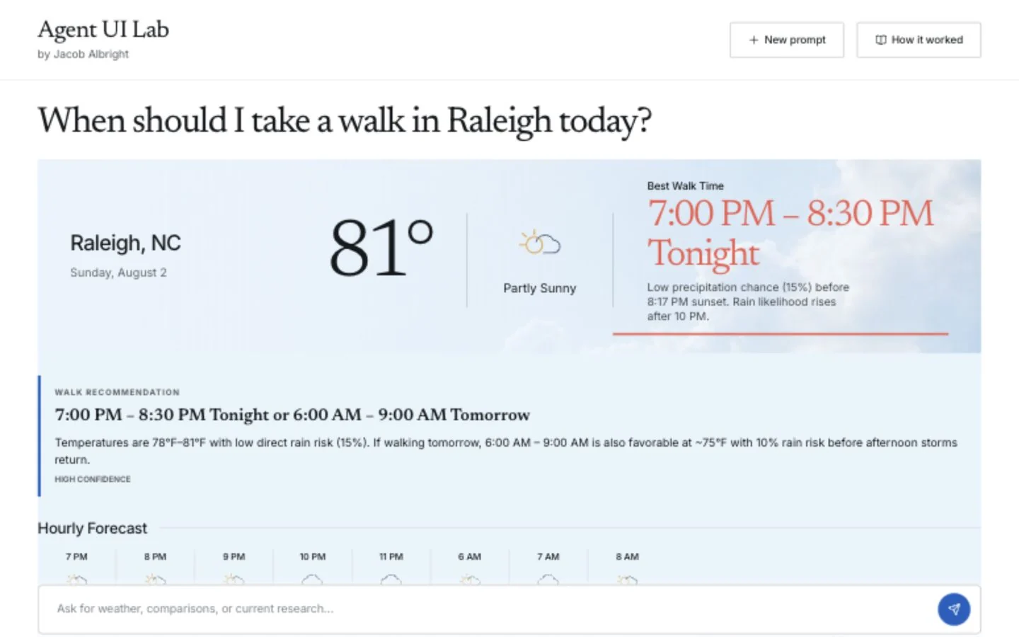 Agent UI Lab showing a generated Raleigh weather surface with an activity recommendation and hourly forecast