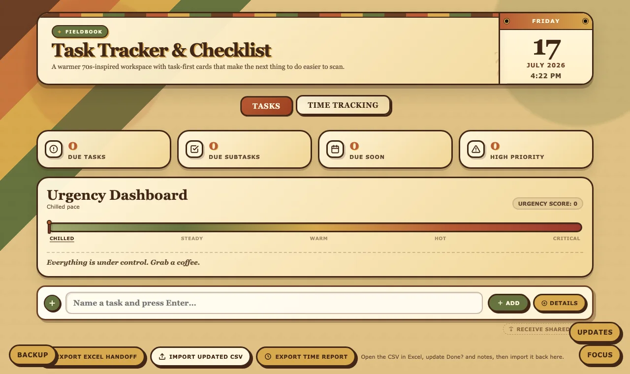 Fieldbook task tracker showing an empty urgency dashboard and task entry controls