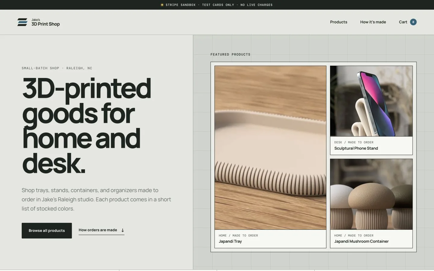 Jake's 3D Print Shop homepage with featured home and desk products